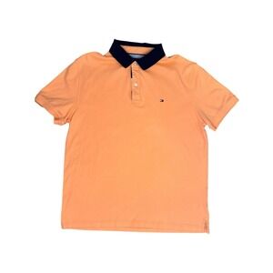 Tommy Hilfiger Custom Fit Polo Shirt Orange Navy Collar Short Sleeve Men's Large